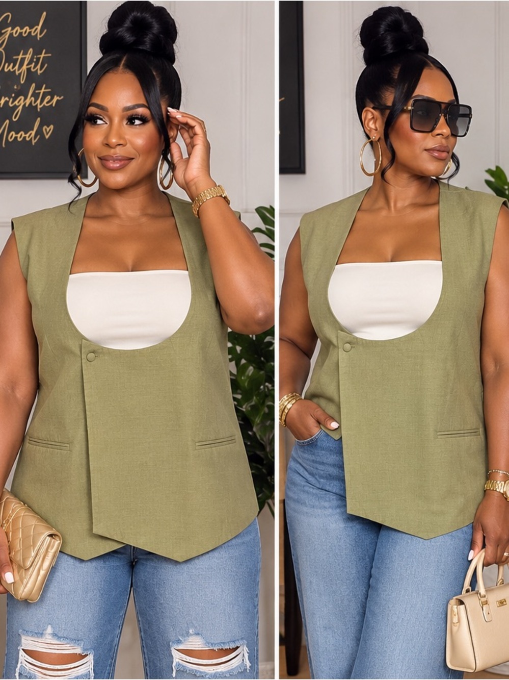 Olive Sleeveless Asymmetrical Blazer Vest
